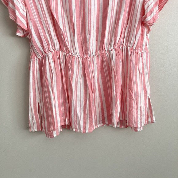 Lane Bryant Pink White Striped Babydoll Blouse Size 12 Button Flowy Short Sleeve - Picture 8 of 9